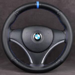 Manchon de volant automatique en fibre de carbone, direction en cuir noir Smile, cousu à la main avec fil illac, rond, universel, 38cm, 256